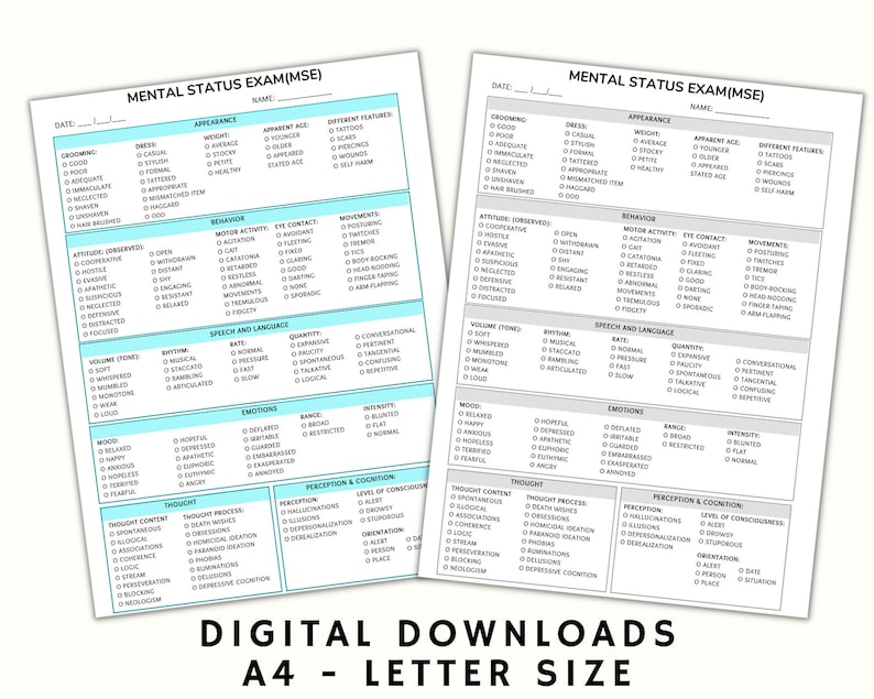 Mental Status Exam Cheat Sheet, Therapy Forms, Intake Sheet, Private
