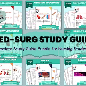 May include: A study guide bundle for nursing students with a teal background and the text "MED-SURG STUDY GUIDE" in bold black letters. The bundle includes 10 different study guides, each with a different medical topic, such as "Electrocardiogram ECG", "Arterial Blood Gas", "Respiratory Disorders", "Digestive System", "Urinary System", "Hematology", "Burns", and "Cancer". Each study guide has a digital download option and includes illustrations and nursing notes.