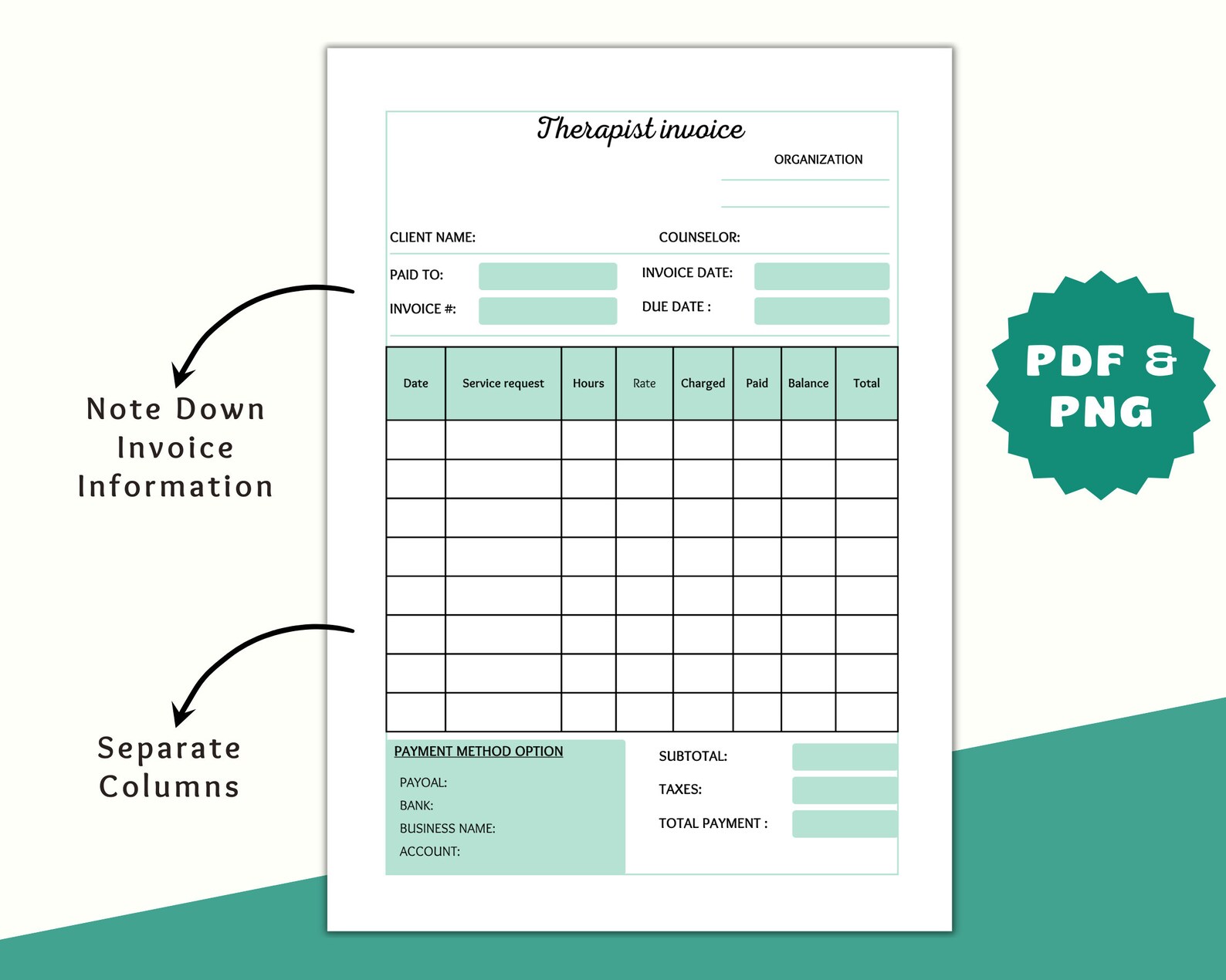 Therapist Invoice green, Printable Therapy Invoice, Therapist