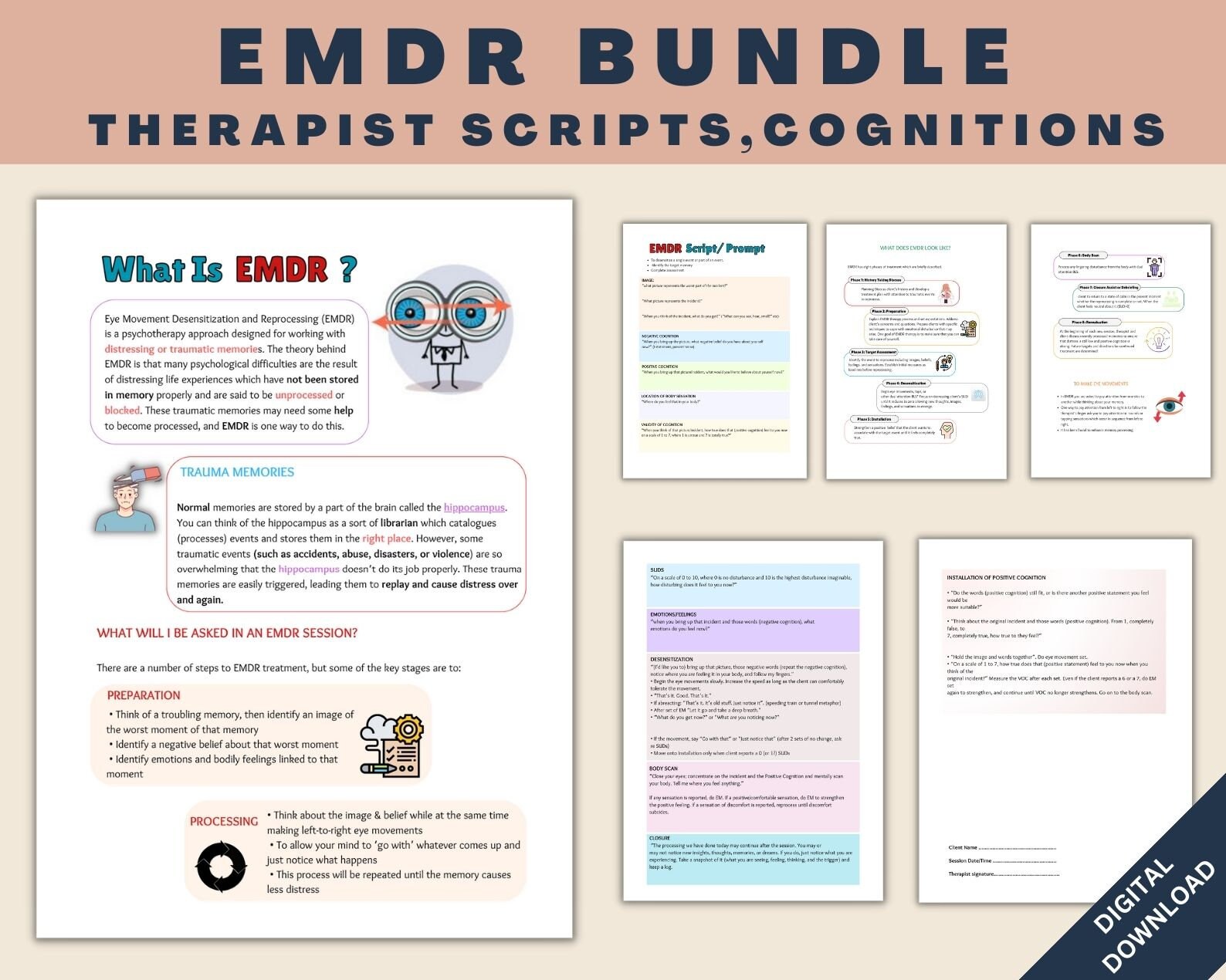EMDR Mega Bundle, Handouts for Clients, Assessment Forms, Trauma