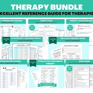 May include: A digital download bundle of therapy resources for therapists. The bundle includes a safety plan, therapy goals and objectives, pre and post therapy notes, a-z intervention words, and types of psychological therapy. The resources are in PDF and PNG format.