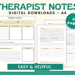 May include: A two-page printable therapist notes template in A4 size. The template includes sections for client name, date of session, main point of session, current symptoms, interventions, home work, session notes and observations, and topic discussed. The template is easy and helpful for therapists to use.