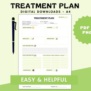 Treatment Plan (Green), Printable Treatment Plans, Treatment Templates, Social Worker Template, Client Documentation Template,