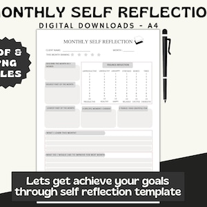 Può includere: Un modello di auto-riflessione mensile stampabile in bianco e nero con sezioni per il nome del cliente, il mese, la classifica di questo mese, descrivere il mese in 5 parole, la parte più alta del mese, la parte più bassa del mese, un momento specifico da custodire, cosa ho imparato questo mese e cosa vorrei migliorare per il prossimo mese. Il modello include anche una sezione di riflessione sui sentimenti con una griglia per valutare i sentimenti su una scala da 1 a 10.