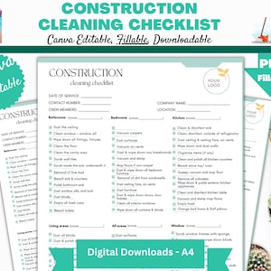 Modèle de liste de contrôle pour le nettoyage de la construction, modèles Canva modifiables pour le personnel de la construction, les entreprises, les gardiens et les concierges