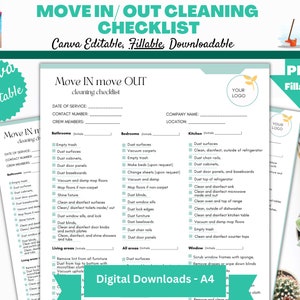 Move In Move Out Cleaning Checklist Template, Housekeepers & Maids, Digital Canva Template, Easily editable Canva Templates for Cleaners