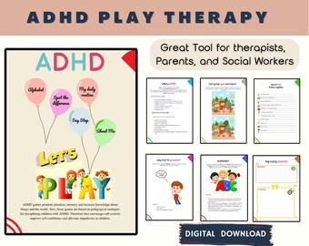 Könnte beinhalten: Ein digitaler Download von druckbaren Arbeitsblättern für die ADHD-Spieltherapie. Die Arbeitsblätter zeigen bunte Illustrationen von Kindern und Text, der "Let's Play" und "ADHD Play Therapy" sagt.