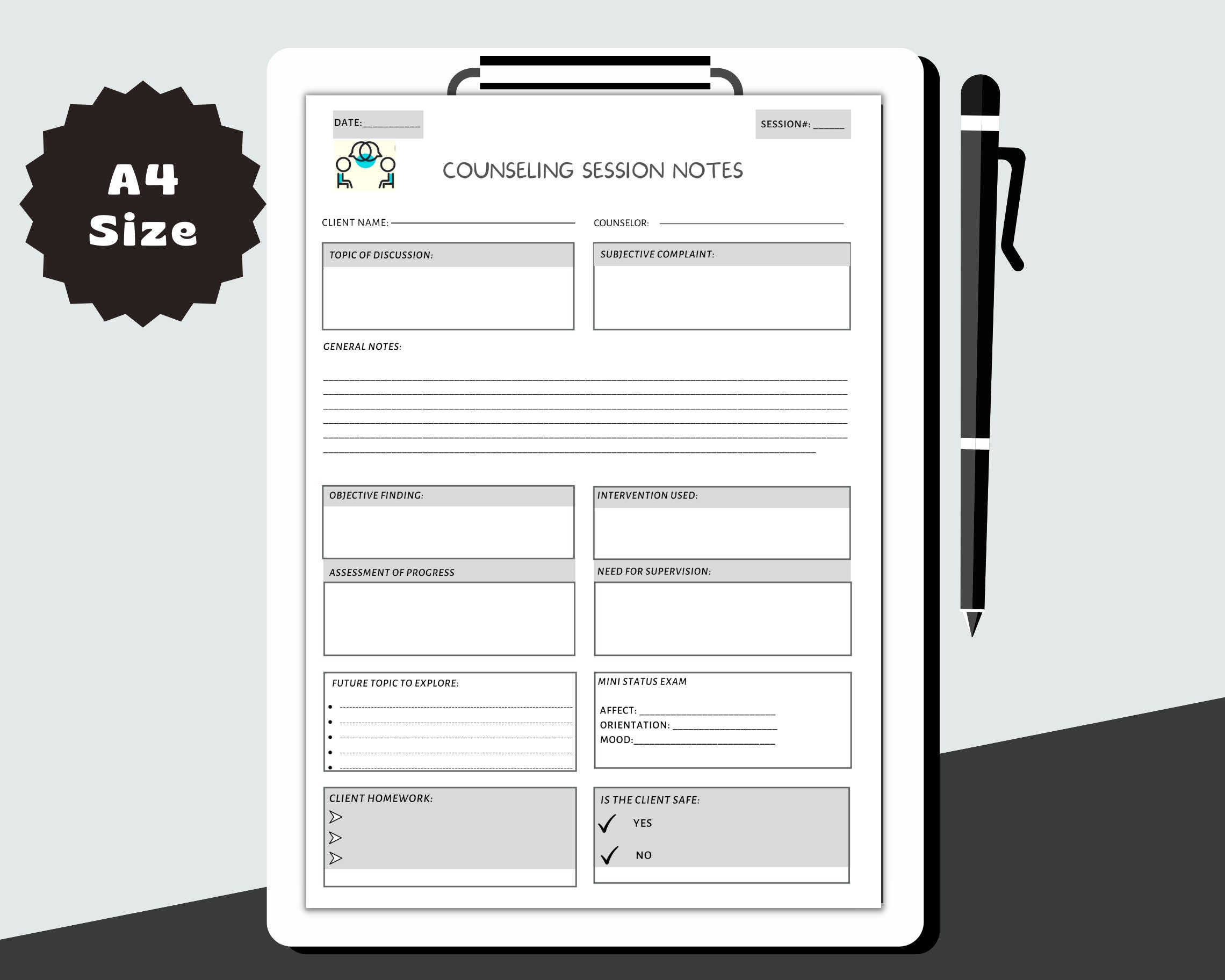 Counselling Session Notes Form gray Therapists Printable - Etsy
