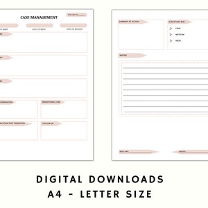Op de afbeelding: Een printbaar casemanagement-werkblad met secties voor de naam van de cli&euml;nt, geboortedatum, datum van de sessie, screening, beoordeling, planning, co&ouml;rdinatie van de zorg, transitiezorg, communicatie na de transitie, follow-up, samenvatting van de actie, notities, de volgende afspraak en CM-initialen. Het werkblad bevat ook een sectie voor het stratificeren van risico's met opties voor laag, middelhoog en hoog.