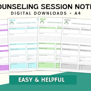 May include: Four printable counseling session note templates in different colors. Each template has sections for date, client name, counselor, topic of discussion, general notes, objective finding, intervention used, assessment of progress, future topics to explore, client homework, and is the client safe. The text "COUNSELING SESSION NOTES" is at the top of each template.