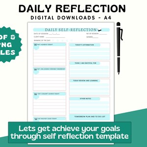 May include: A printable daily self-reflection template with a light blue and white colour scheme. The template includes sections for what you achieved today, what you are looking forward to tomorrow, what you couldn't achieve today, what was not good today, today's affirmation, things you are grateful for, today's review and learning, other notes, and tomorrow's plan and to-do list.