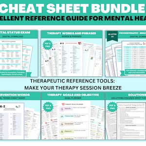 Op de afbeelding: Een verzameling printbare cheat sheets voor professionals in de geestelijke gezondheidszorg. De cheat sheets omvatten onderwerpen zoals een mentale statusbeoordeling, therapiewoorden en -zinnen, psychotherapie, interventiewoorden, therapiedoelen en -doelstellingen, en oplossingen gericht op korte theorievragen. De cheat sheets zijn beschikbaar in PDF- en PNG-formaat.