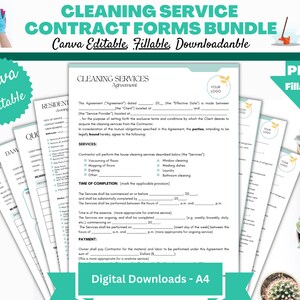 May include: A printable cleaning service contract form bundle. The form is editable and fillable. The form includes a section for services, time of completion, and payment. The form is available in A4 size.