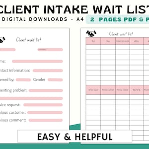 May include: A printable client intake waitlist form with two pages. The first page has a handshake icon and fields for date, counselor, name, contact information, referred by, gender, presenting problem, service request, previous customer, and previous comment. The second page has a table with columns for date, name, contact information, address, gender, service request, previous customer, previous comment, referred by, and presenting problem.