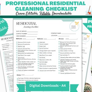 Professional Residential Cleaning Checklist Template, Editable Canva Templates  Ideal for Maids, Housekeepers, Custodians & Janitors