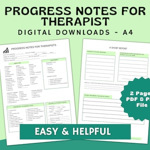 May include: Two digital download pages for therapists, labeled "Progress Notes for Therapist." The documents include sections for objectives, assessment, and a short report. Text on the image includes "Easy & Helpful" and "2 Pages PDF & PNG File."