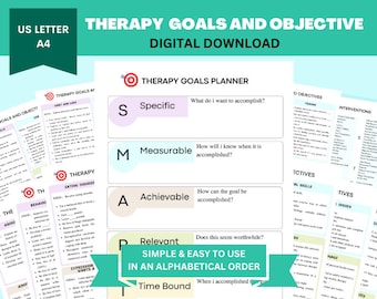 Op de afbeelding: Een printbaar werkblad voor therapiedoelen en -doelstellingen. Het werkblad is onderverdeeld in secties met koppen zoals "Specifiek", "Meetbaar", "Haalbaar", "Relevant" en "Tijdsgebonden". Het werkblad bevat ook een sectie voor "Interventies" en "Doelstellingen".