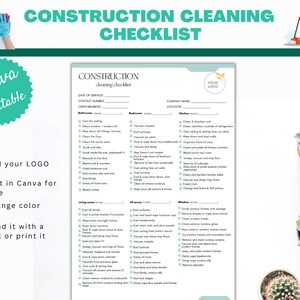 K&ouml;nnte beinhalten: Eine druckbare Checkliste f&uuml;r die Bauendreinigung mit einem gr&uuml;n-wei&szlig;en Farbschema. Die Checkliste enth&auml;lt Abschnitte f&uuml;r Badezimmer, Schlafzimmer, K&uuml;chen, Wohnbereiche, alle Oberfl&auml;chen und Fenster. Die Checkliste ist anpassbar mit Platz f&uuml;r ein Firmenlogo, einen Namen und einen Standort.