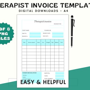 Puede incluir: Una plantilla de factura de terapeuta imprimible en formato PDF y PNG. La plantilla incluye secciones para el nombre del cliente, el consejero, la fecha de la factura, la fecha de vencimiento, la solicitud de servicio, las horas, la tarifa, los cargos, el pago, el saldo y el total. También incluye una sección de opción de método de pago con campos para PayPal, banco y nombre comercial. La plantilla tiene un esquema de color azul claro y blanco y el texto "EASY & HELPFUL" está en la parte inferior.