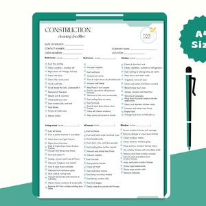 K&ouml;nnte beinhalten: Eine gr&uuml;n-wei&szlig;e Checkliste f&uuml;r die Bauendreinigung. Die Checkliste enth&auml;lt Abschnitte f&uuml;r Badezimmer, Schlafzimmer, K&uuml;che, Wohnbereiche, alle Bereiche und Fenster. Die Checkliste tr&auml;gt den Titel "Bauendreinigung Checkliste".