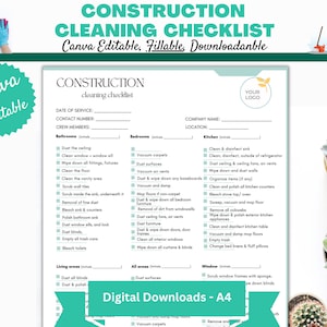 K&ouml;nnte beinhalten: Eine druckbare Reinigungscheckliste f&uuml;r den Bau mit Abschnitten f&uuml;r Badezimmer, Schlafzimmer, K&uuml;che, Wohnbereiche, alle Bereiche und Fenster. Die Checkliste enth&auml;lt Aufgaben wie Staubwischen, Staubsaugen, Reinigen und Desinfizieren.