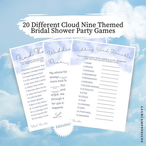 Cloud Nine Bridal Shower Party Games- Wedding Shower, Bachelorette Party- Editable Canva Template