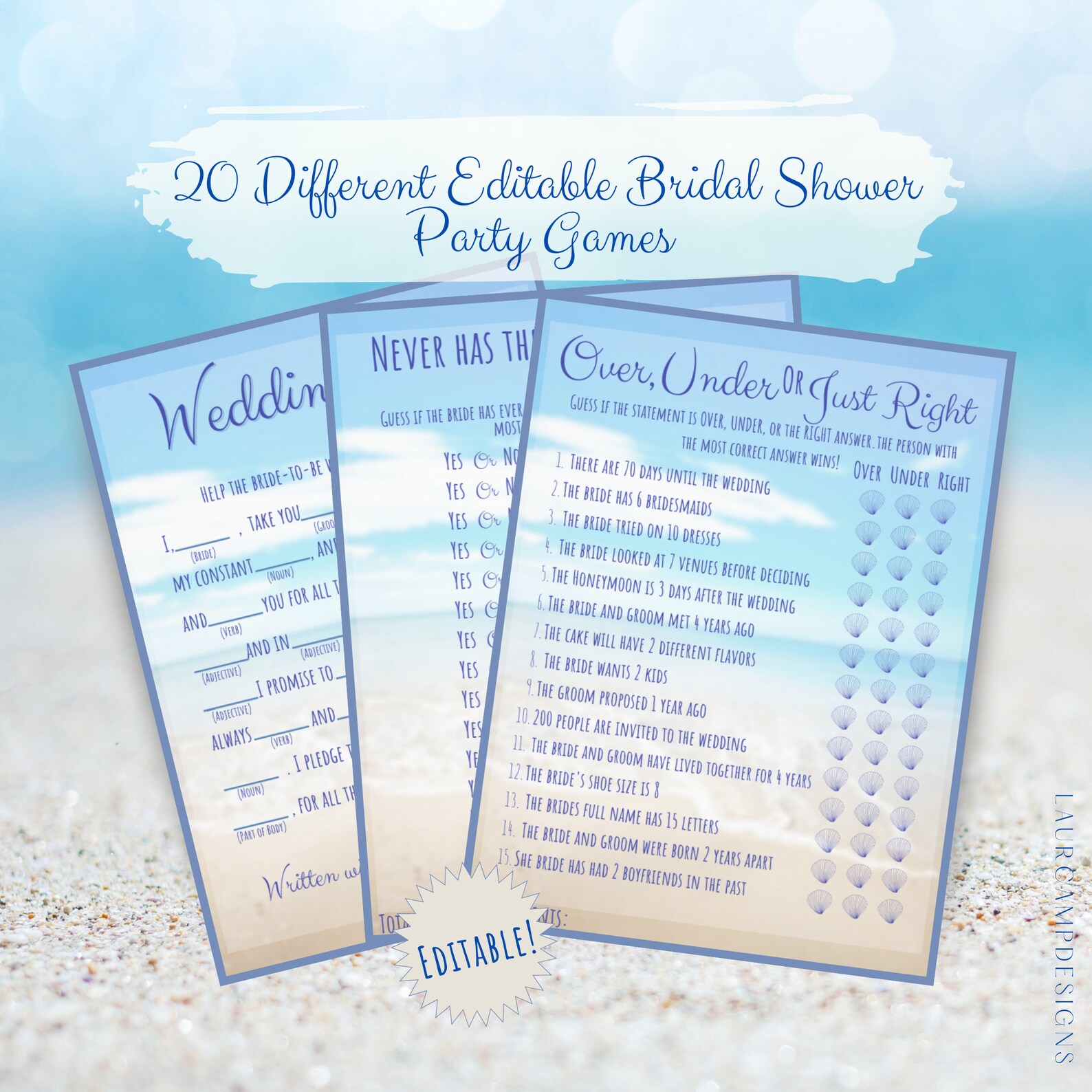 20 EDITABLE Beach Themed Bridal Shower Party Games- Easy to Use ...