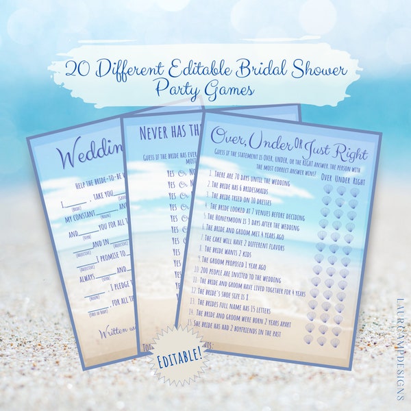 20 EDITABLE Beach Themed Bridal Shower Party Games- Easy to use- Customizable!