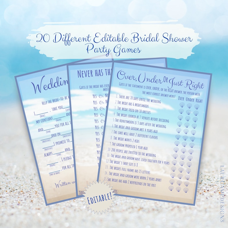 20 EDITABLE Beach Themed Bridal Shower Party Games- Easy to Use ...