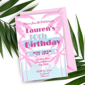 80's Themed Birthday Party Invitation- 21st, 30th, 40th, 50th, Miami Vice Theme- Editable Canva Template
