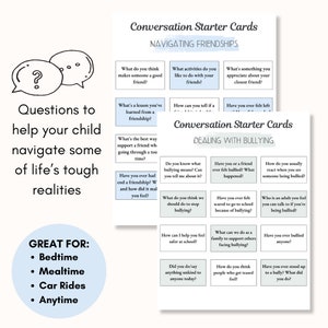 May include: Conversation starter cards for navigating friendships and dealing with bullying. The cards feature questions to help children discuss topics like making friends, dealing with difficult situations, and understanding bullying. The cards are designed for use at bedtime, mealtime, car journeys, or anytime.