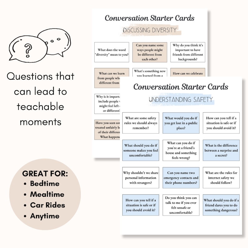 Conversation Cards, Conversation Starter for Kids, Icebreaker Questions, Road Trips, Family Dinner Cards