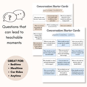 May include: Conversation starter cards for discussing diversity and understanding safety. The cards feature questions to spark conversations about differences, celebrating diversity, safety rules, and personal safety.