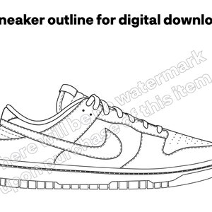 Puede incluir: Dibujo lineal en blanco y negro de una zapatilla deportiva. La imagen es una descarga digital de un contorno de zapatilla deportiva. El texto "Sneaker outline for digital download" está en la parte superior de la imagen.