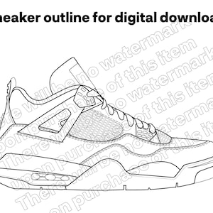 May include: A black and white line drawing of a sneaker. The sneaker is a high-top style with a lace-up closure. The sole of the sneaker has a tread pattern.