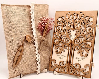 Gothic natural wood wedding invitation,rustic folded unique invitation,luxury burlap envelope and dried flower wedding card,lasercut invites