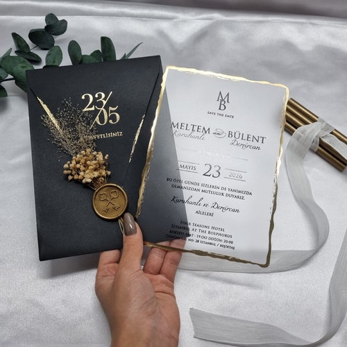Acrylic Wedding Invitation: Dried Flowers, Gold Foil, Personalized