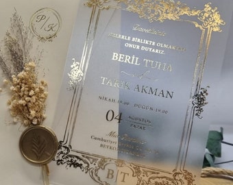Acrylic Wedding Invitation Set: Gold Foil & Dried Flowers