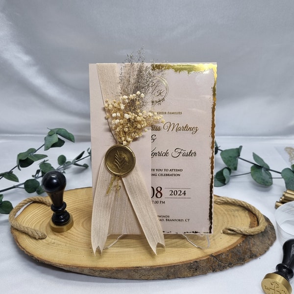 Elegant acrylic invitation set, acrylic wedding invitation set,personalized wedding invites,luxury natural floral ribbon and custom wax seal