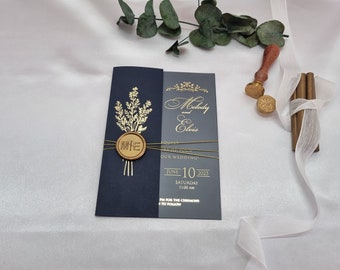 Dark Blue Acrylic Wedding Invitation Set with Gold Foil & Wax Seal