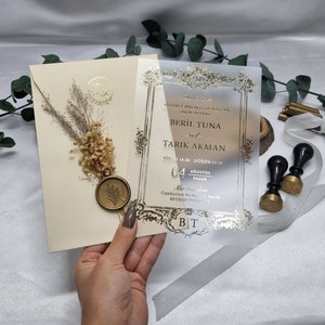 Custom Beige Wedding Invites: Stylish Acrylic, Natural Dried Flowers & Wax Seal", Gold gilded invitations