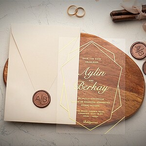Envelope acrílico luxuoso bege, kits de cartões de convites de casamento com selo de cera dourada