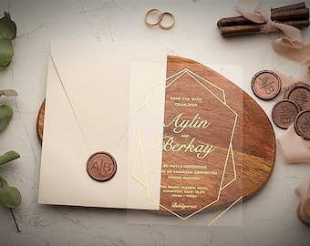 Luxury acrylic beige envelope Gold wax seal wedding invitations card kits