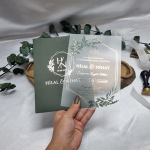 Convites de casamento acrílicos, convites de casamento verdes, convites de casamento florais, cartão de chá de panela, cartões de convite de luxo