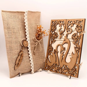 Rustieke houten bruiloft uitnodiging, natuurlijke gevouwen unieke uitnodigingskaart, luxe jute envelop en gedroogde bloem uitnodigingskaart, lasercut nodigt uit