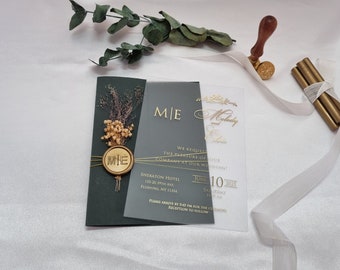 Carte d'invitation en acrylique, faire-part de mariage unique de luxe décoré de fleurs séchées naturelles, faire-part en verre personnalisé, C1