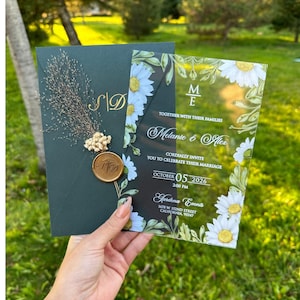 Premium acryluitnodigingsset, acryluitnodigingskaart, luxe unieke huwelijksuitnodiging versierd met natuurlijke gedroogde bloemen, gepersonaliseerde kaart