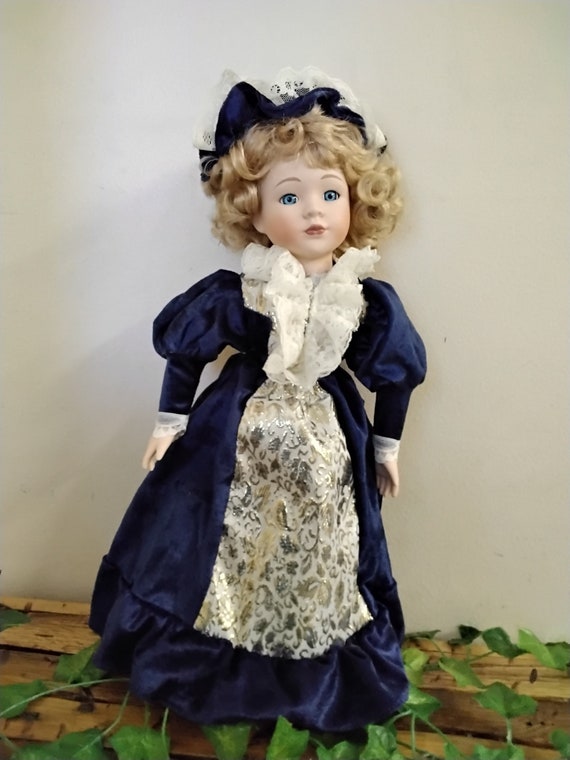 Vintage Porcelain Doll in Blue Dress - Etsy