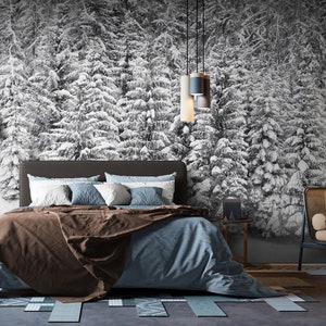 SNOWY TREES PRINT | Snowy Wallpaper | Winter Trees Mural | Amazing Wallpaper | Snowy Winter Forest Scene Rustic Woodland Nature Wallpaper