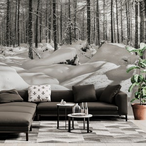 SNOWY WALLPAPER | Semi Gloss Wallpaper | Winter Wallpaper | Snowy Forest Décor | Snowy Forest Woodland Nature Handmade Print Wallpaper